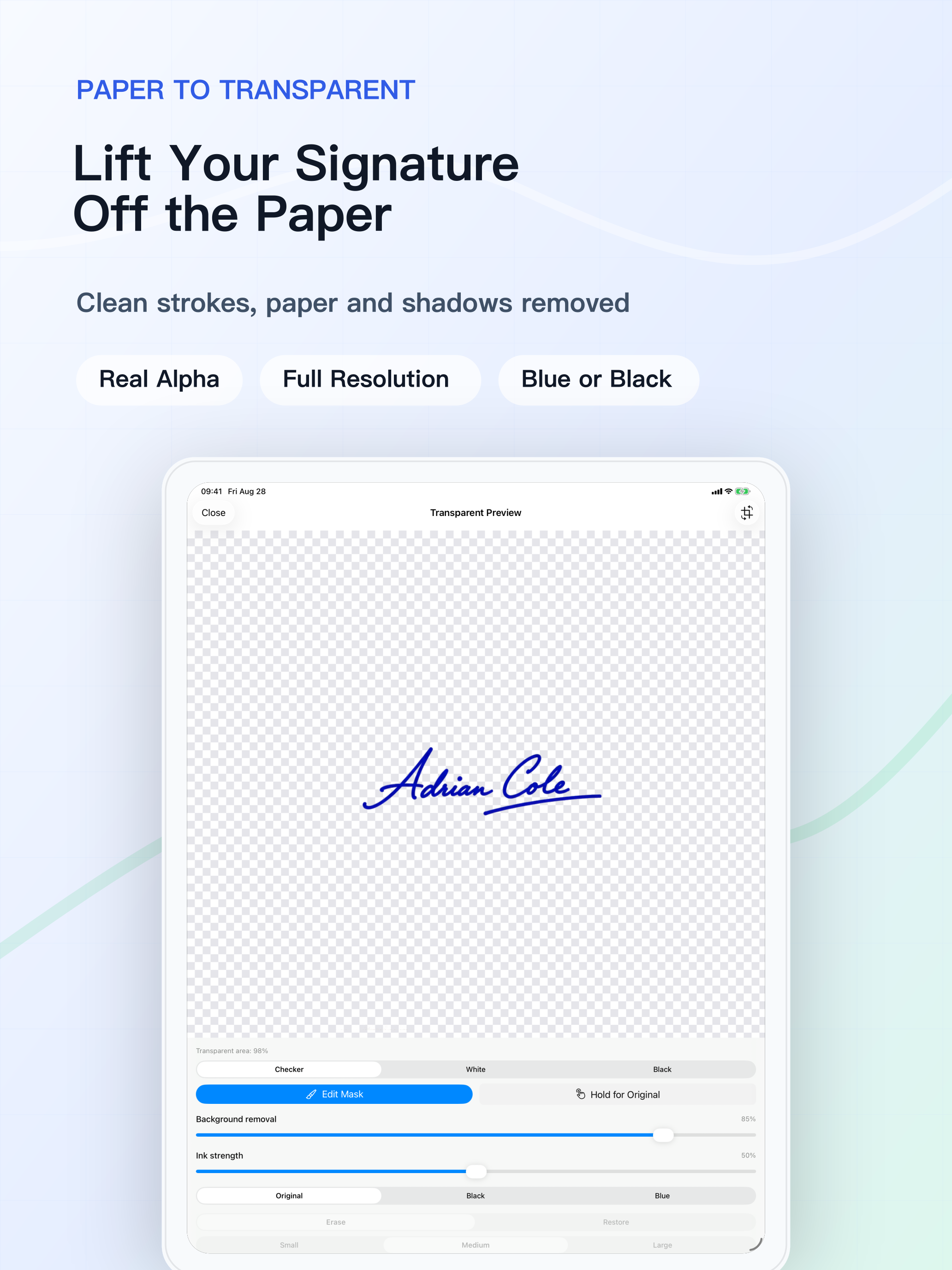 A large iPad transparency preview for inspecting signature edges and complete strokes.