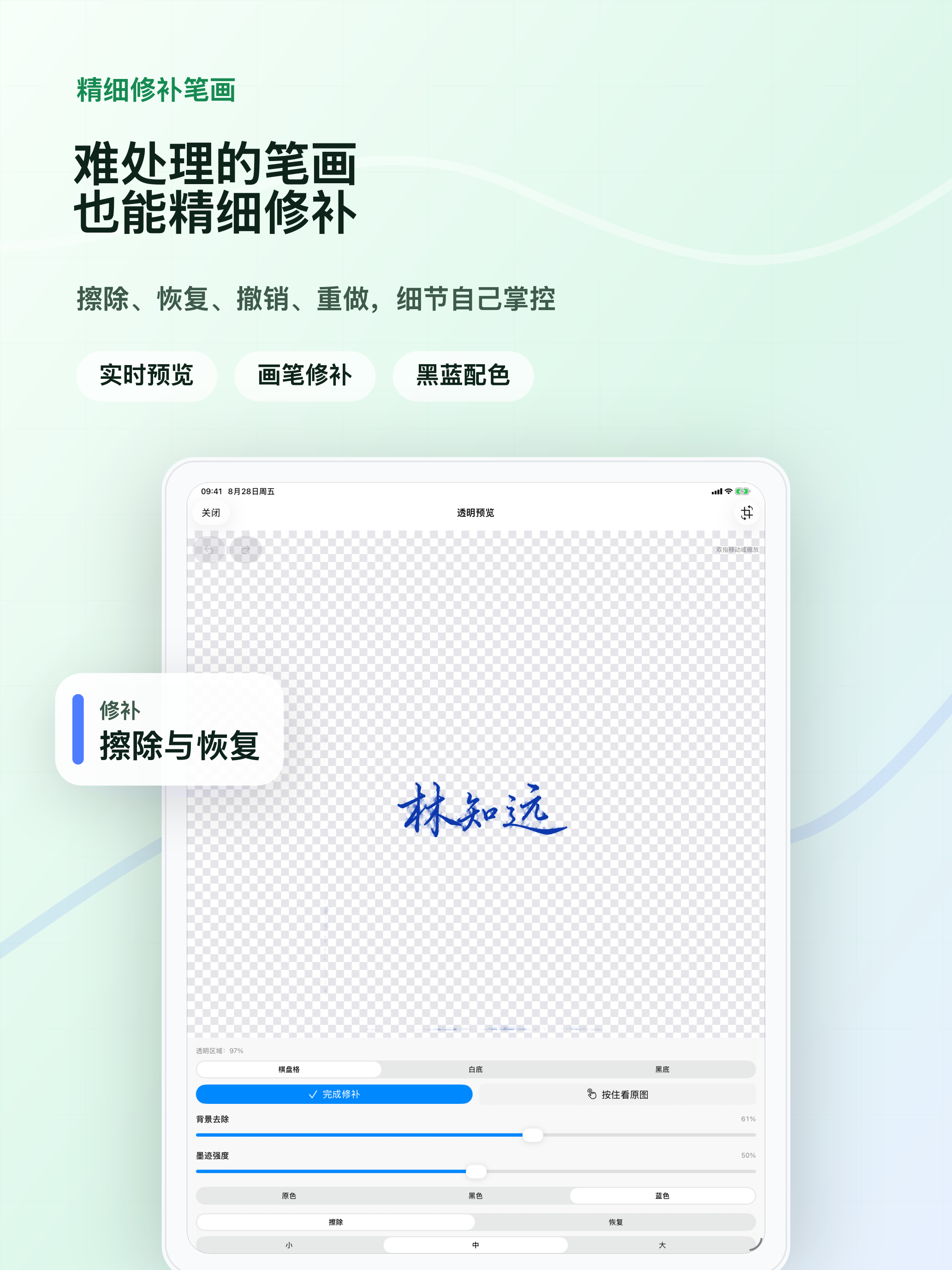 利用 iPad 大屏、画笔和实时预览精细修补签名笔画。