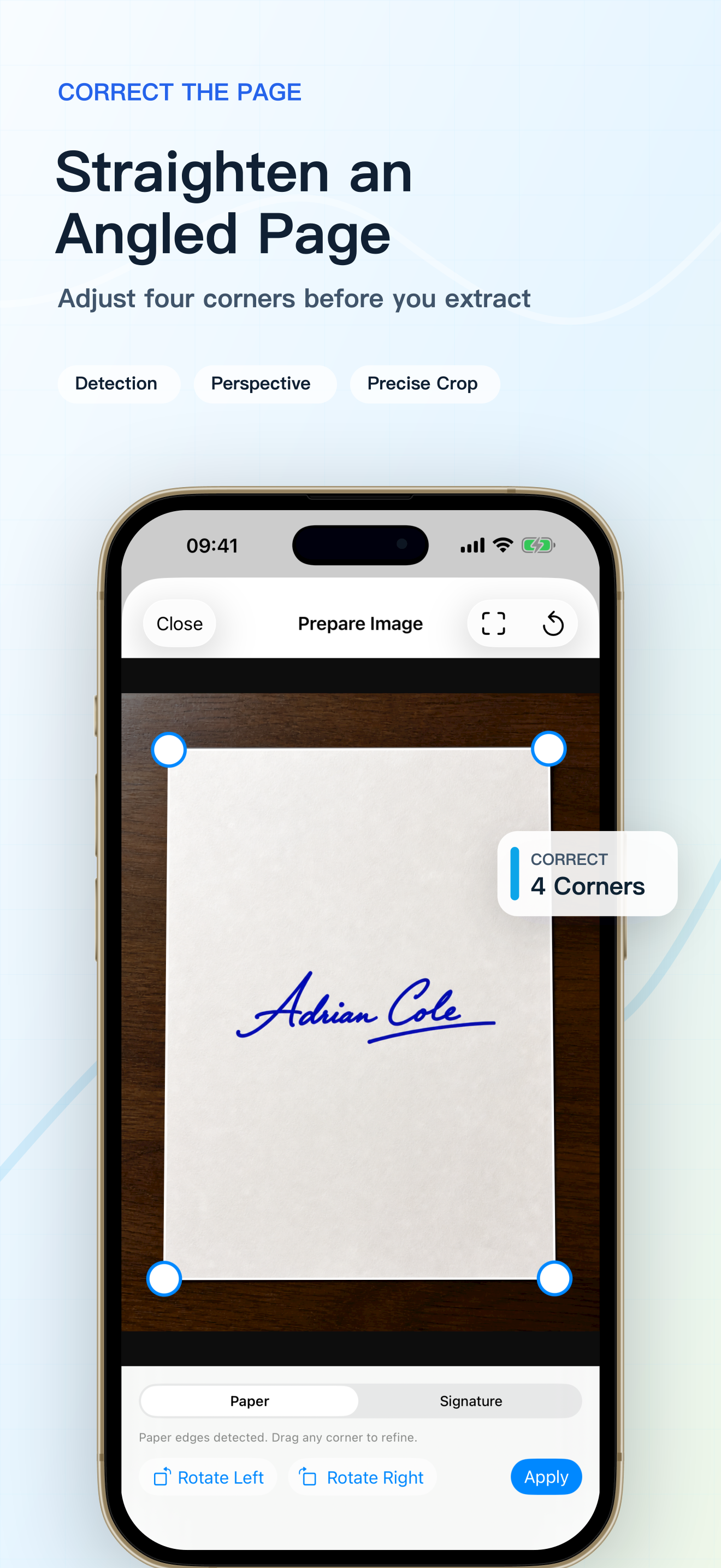 Adjust four page corners to correct an angled photo before extraction.